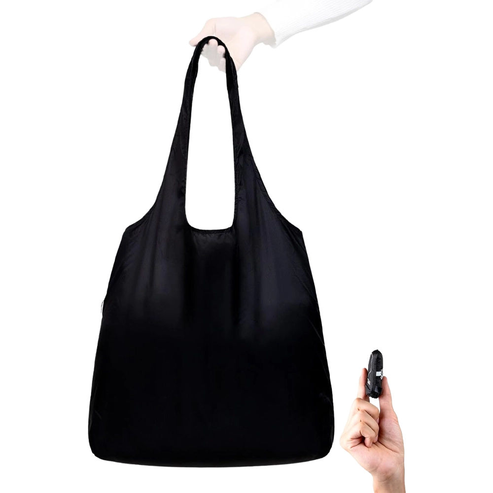 Nanobag Ultra-Lightweight Standard Size Tote Bag for Women, Heavy Duty Reusable Grocery Bag, Foldable Travel Shopping Tote, Packable Cloth Bag with Handles, Washable Market Tote (Black)


