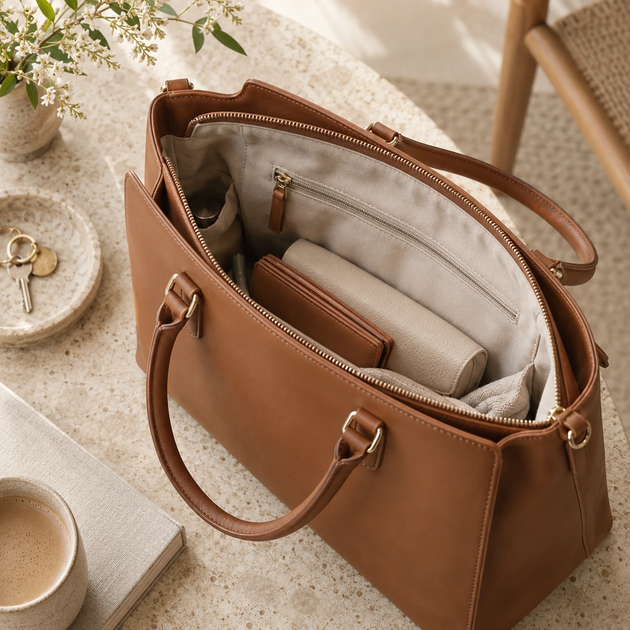 Illustrative handbag interior with compartments, wallet and glasses case