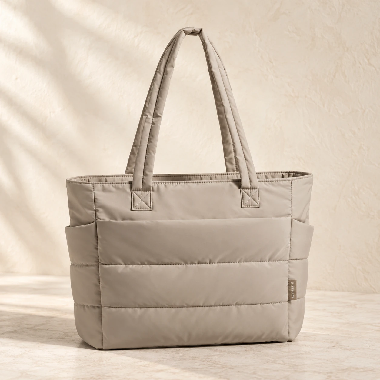 Grayish brown BAGSMART puffy tote, reference-based illustration