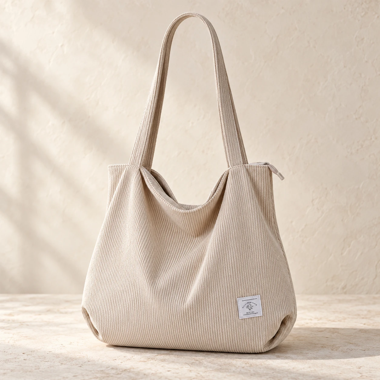 Cream white KALIDI corduroy tote, reference-based illustration